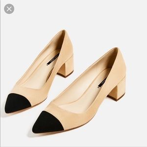 Zara Basic Nude and Black Cap Toe Block Heels 37